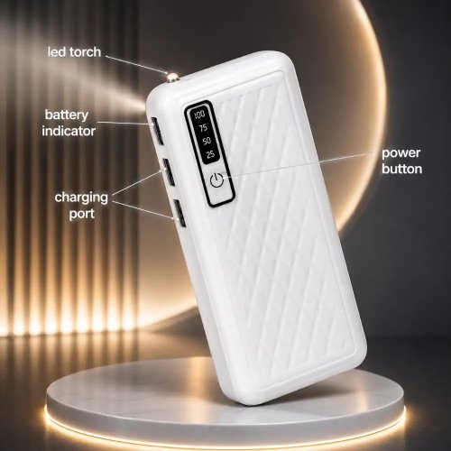 10000mAh Portable Power Bank 12W Fast Charging With LED Torch And Battery Indicator Manufacturers, Wholesale Suppliers in Delhi, India
