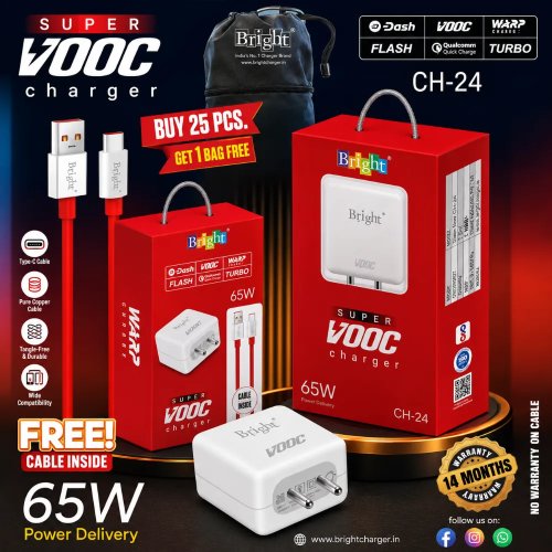65W SuperVOOC Fast Charger by Bright Universal Turbo Charging Adapter Manufacturers, Wholesale Suppliers in Delhi, India