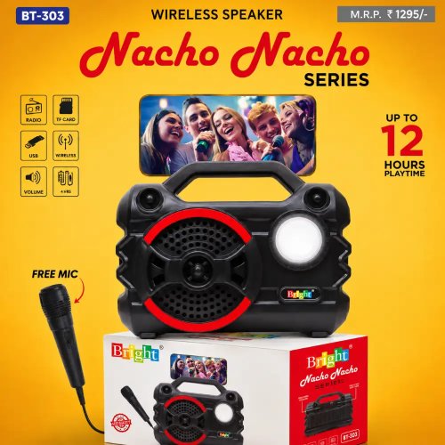 Bright Nacho Wireless Bluetooth Speaker 10W RMS Portable Audio System with AUX FM USB And Mic Support Manufacturers, Wholesale Suppliers in Delhi, India