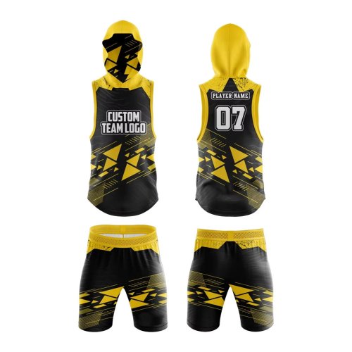 Black Yellow 7 On 7 Football Set Premium Polyester Hooded Jersey and Shorts Manufacturers, Wholesale Suppliers Exporters in United States (USA)
