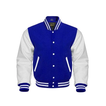 Blue Cotton Fleece Varsity Jacket with Ribbed Collar Snap Button Closure Full Sleeves Manufacturers, Wholesale Suppliers Exporters in United States (USA)
