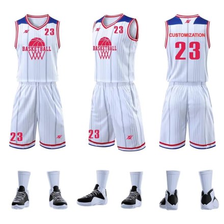 Custom White Blue Red Basketball Uniform Sleeveless Sublimated Jersey and Shorts Set Manufacturers in Toulouse, Wholesale Suppliers Exporters