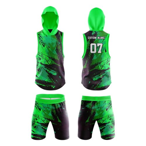 Green Black 7 On 7 Football Set Premium Polyester Hooded Jersey and Shorts Manufacturers, Wholesale Suppliers Exporters in United States (USA)