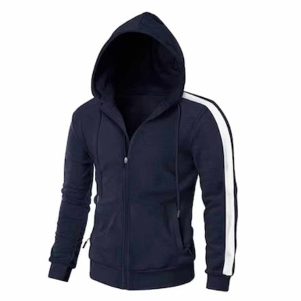 Mens Navy Full Zip Hooded Jacket with Contrast Sleeve Stripe Casual Long Sleeve Manufacturers in Brisbane, Wholesale Suppliers Exporters