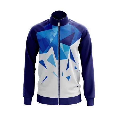 Premium Custom Sublimated Full Zip Sports Track Jacket with Geometric Blue White Design Manufacturers, Wholesale Suppliers Exporters in United States (USA)