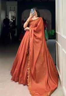 Buy Orange Korean Pure Tussar Casual Wear Lehenga Online in Delhi