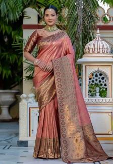 Buy Orange Kanjivaram Silk Party Wear Saree Online in Delhi