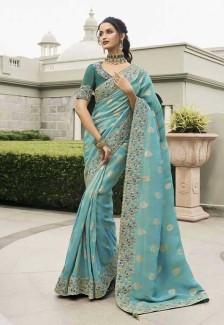 Buy Cyan Tissue Silk Designer Saree Online in Delhi