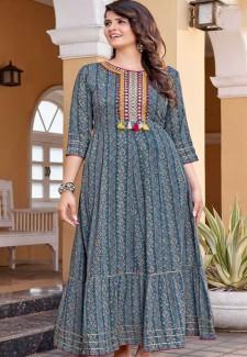Buy Blue Rayon Wrinkle print Payon Print Casual Gown Online in Delhi