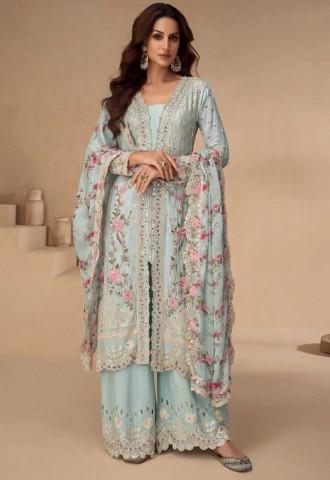 Sky Blue Chinon Silk Designer Salwar Kameez
