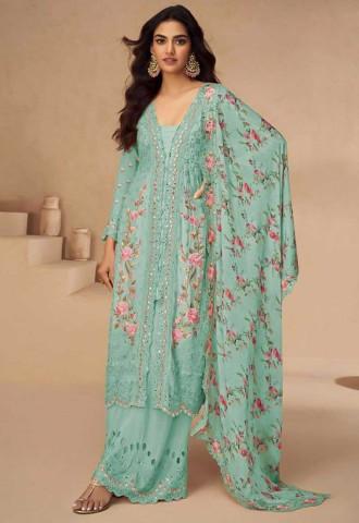 Cyan Chinon Silk Designer Salwar Kameez