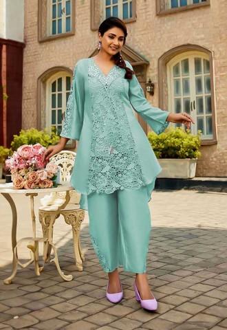 Cyan Linen Party Wear Kurti