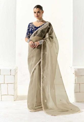 Grey Organza Tissue Party Wear Saree