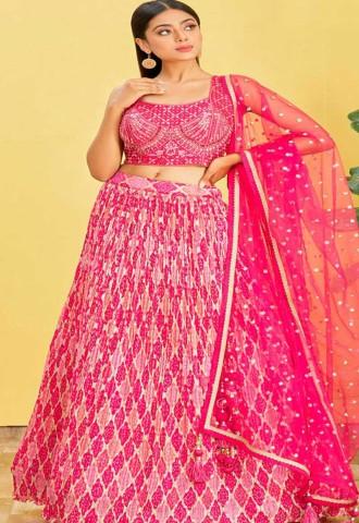 Rani Pink Chinnon & Slub Silk & Soft Net Printed Lehenga