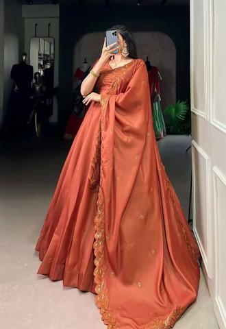 Orange Korean Pure Tussar Casual Wear Lehenga