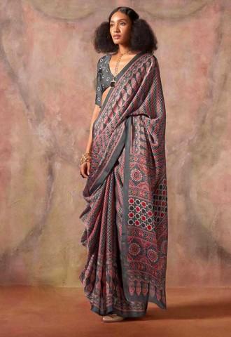 Brown Satin Georgette Printed Saree