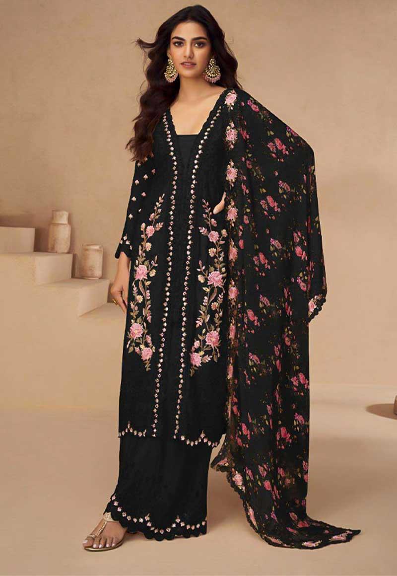 Black Chinon Silk Designer Salwar Kameez