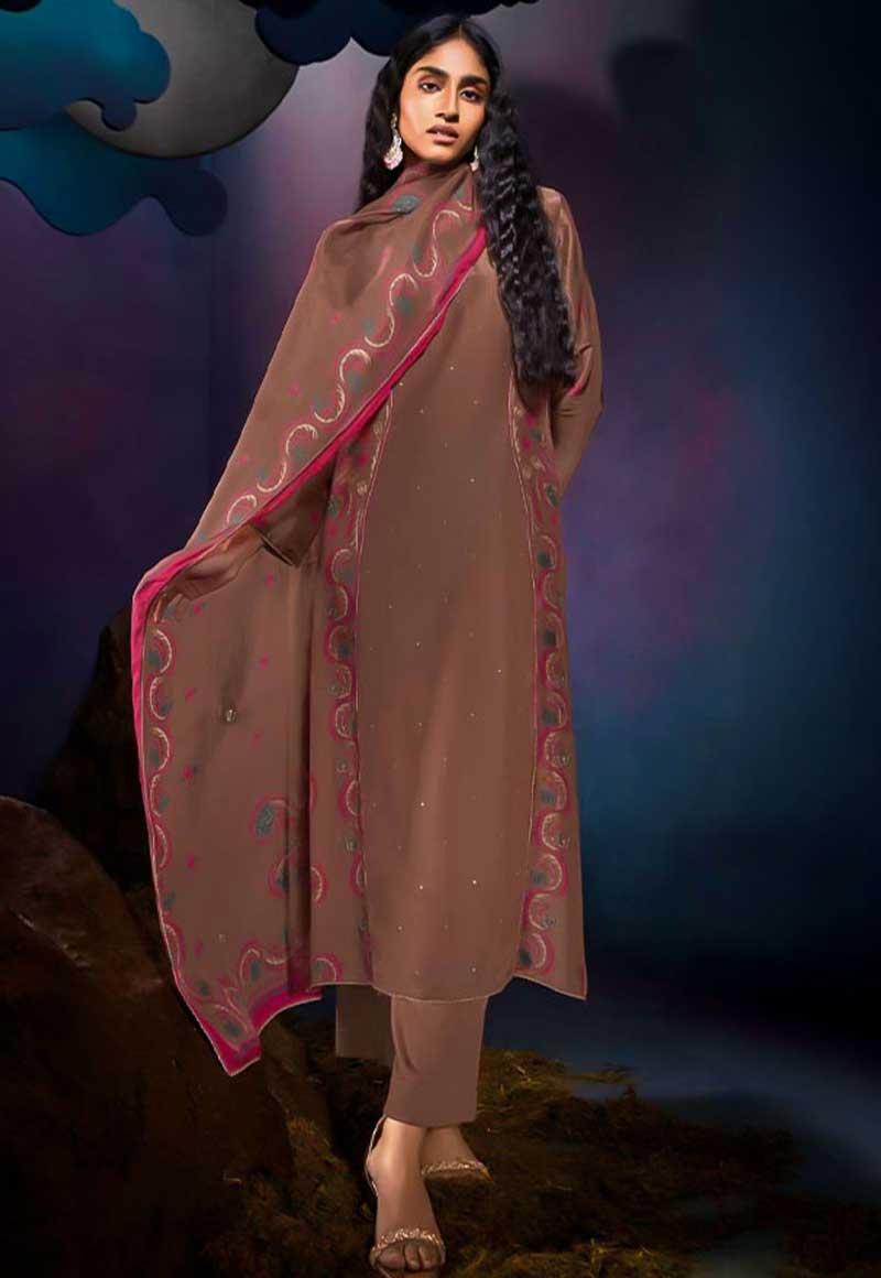 Brown Bemberg Silk Party Wear Salwar Kameez