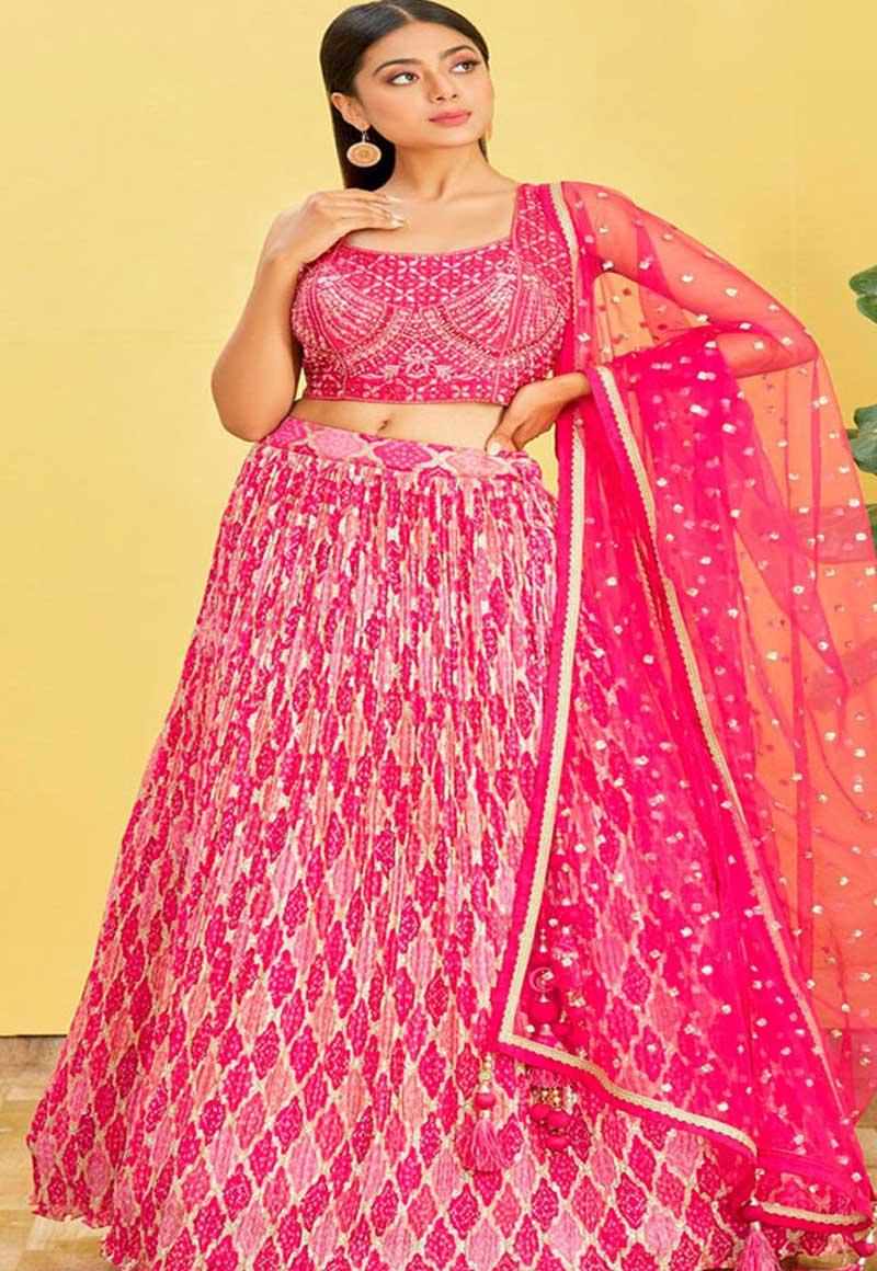 Rani Pink Chinnon & Slub Silk & Soft Net Printed Lehenga