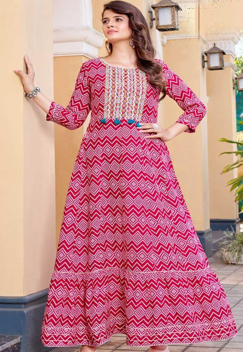 Pink Rayon Wrinkle print Payon Print Casual Gown