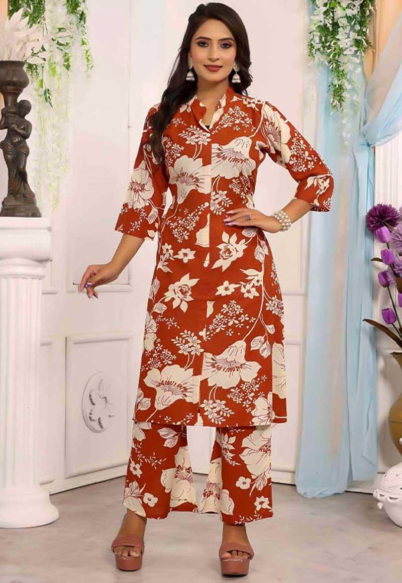 Orange Rayon Print Designer Kurti