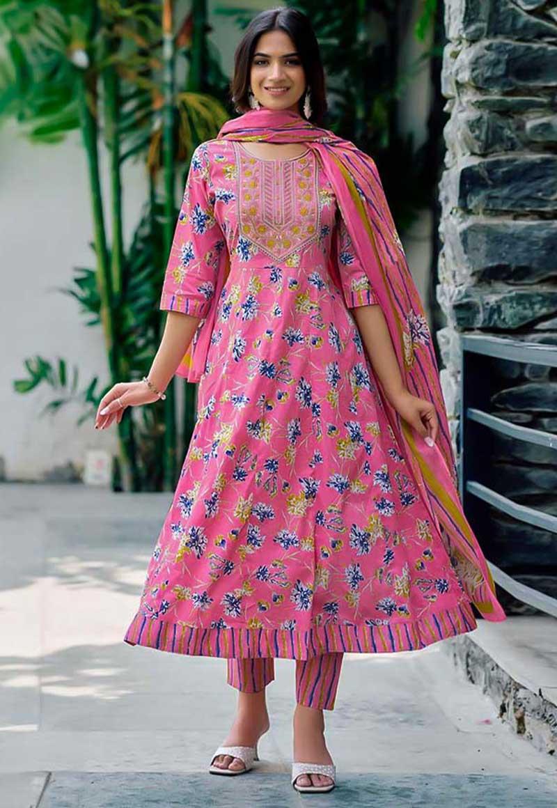 Pink Cotton Anarkali Salwar Kameez