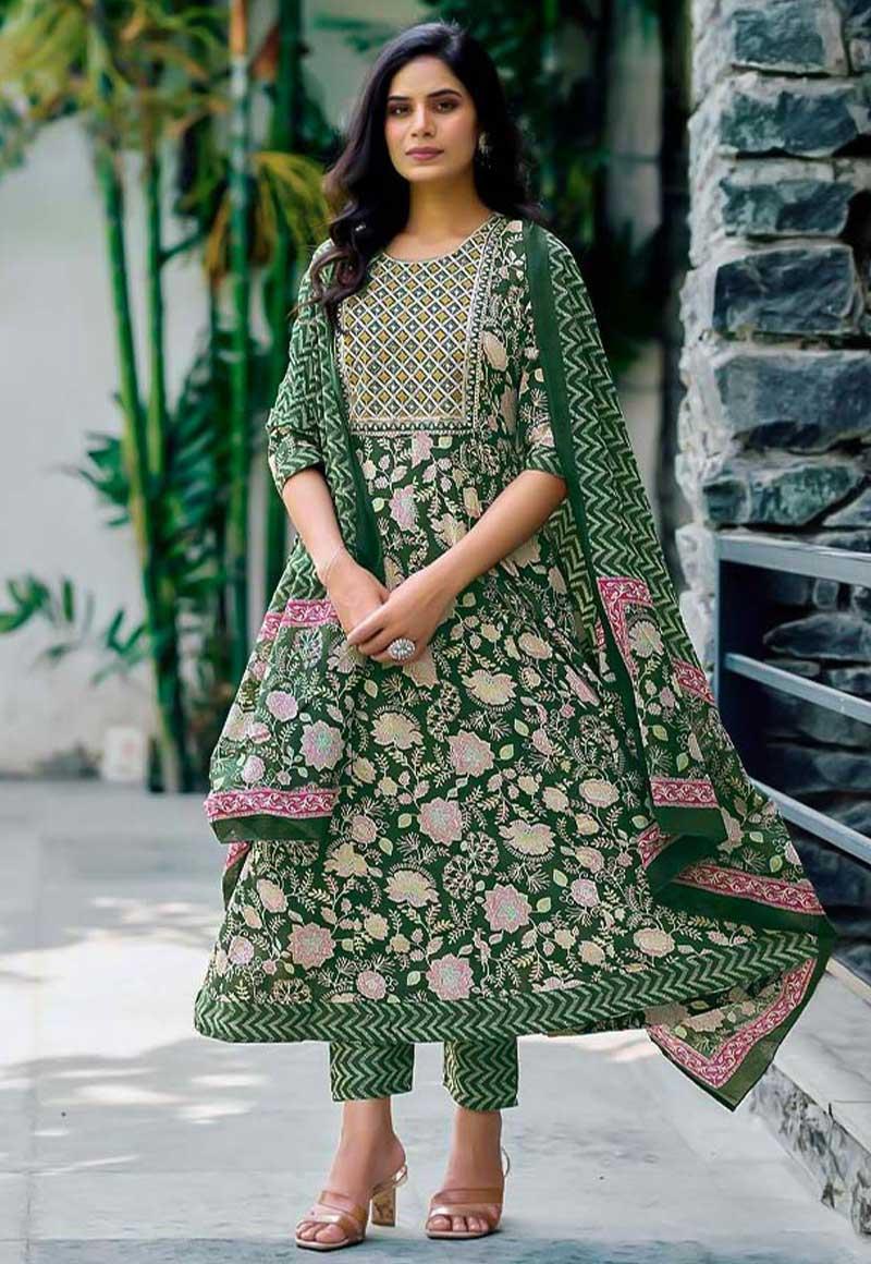 Green Cotton Anarkali Salwar Kameez