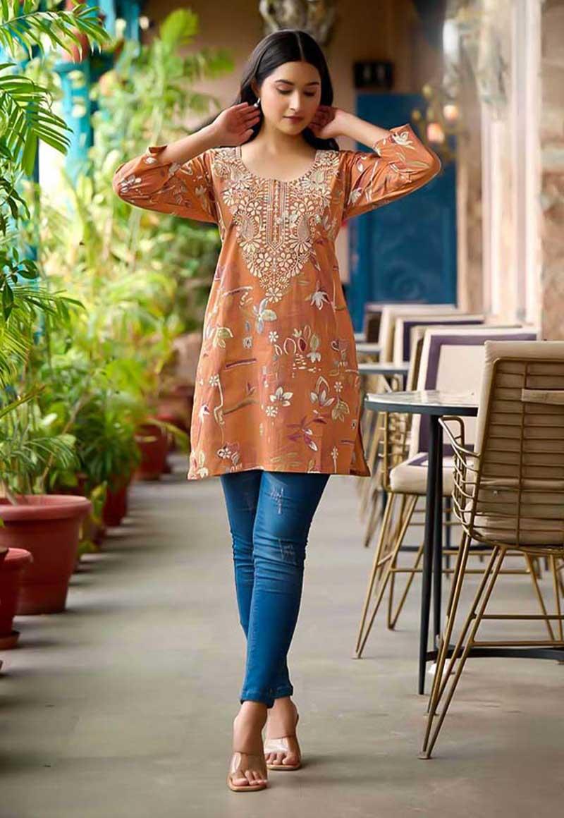 Orange Cotton Casual Wear Kurti
