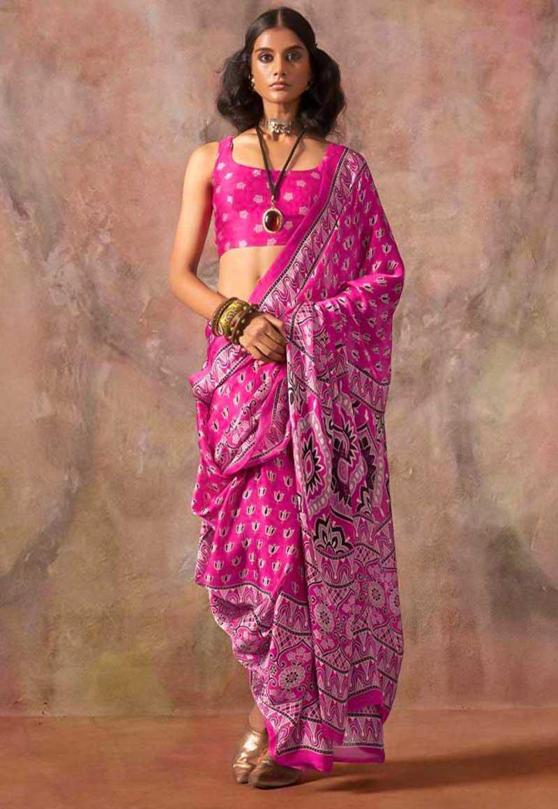 Pink Satin Georgette Printed Saree