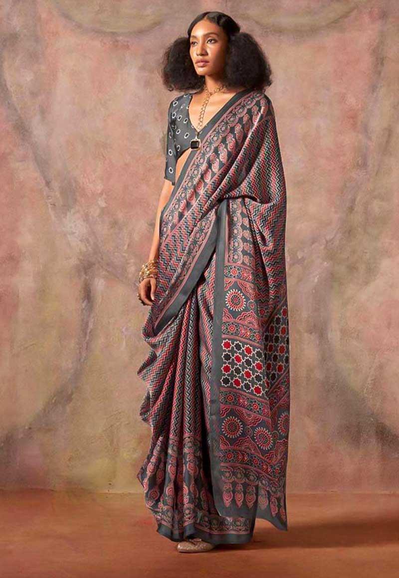 Brown Satin Georgette Printed Saree