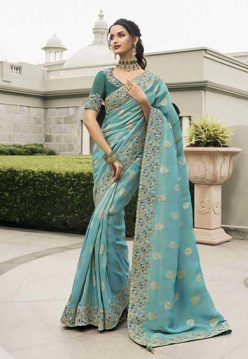Cyan Tissue Silk Designer Saree